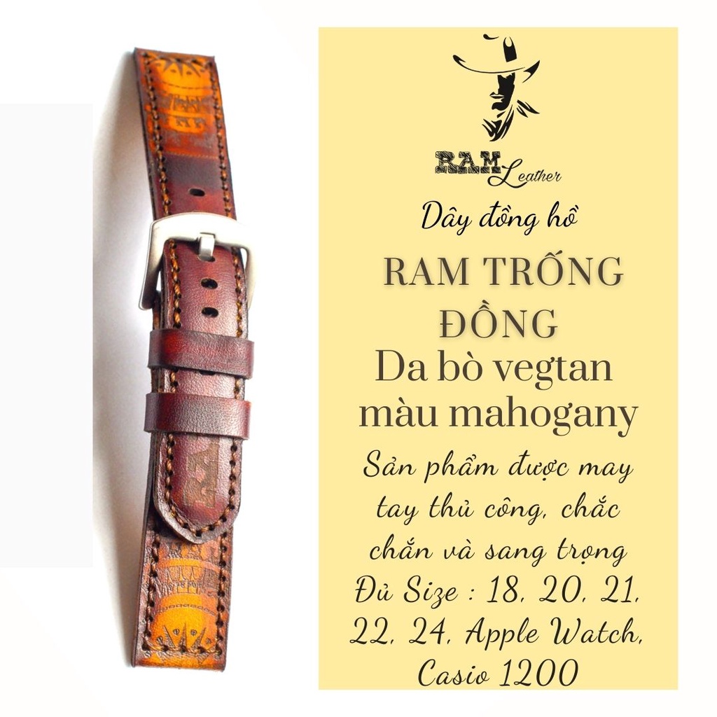 Dây đồng hồ RAM Leather vintage da bò Italia Vegtan màu mahogany trống vàng