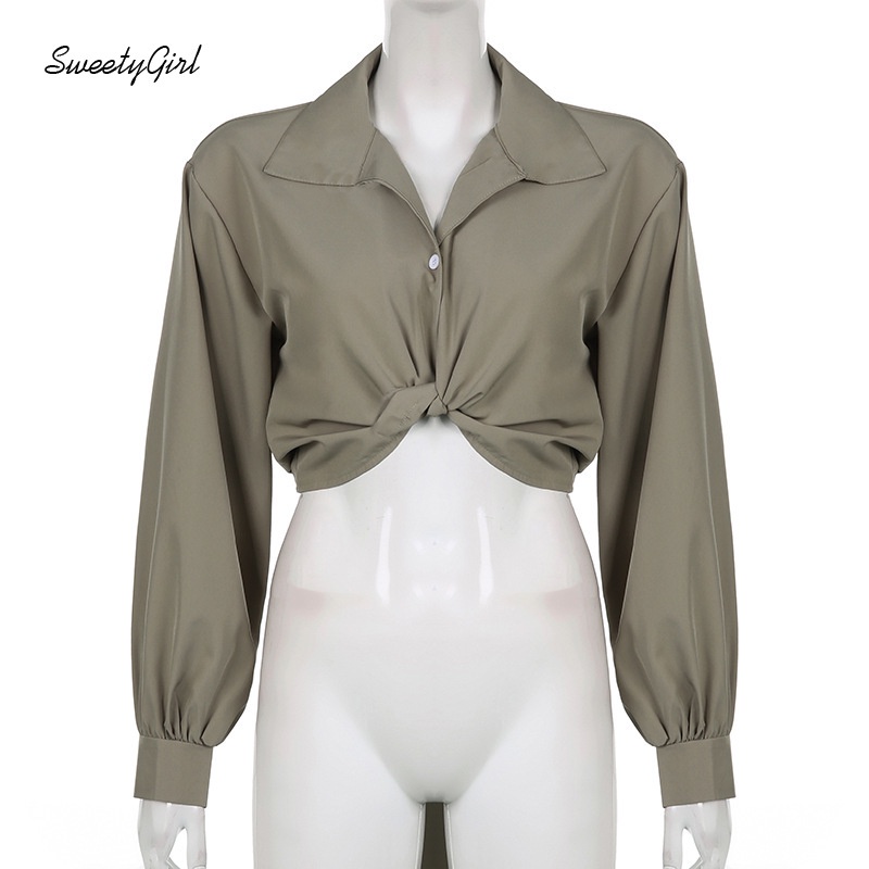 Áo Croptop Tay Dài Cổ Bẻ Màu Trơn 2022 Thời Trang Cho Nữ