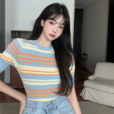 NRVP Áo Croptop Dệt Kim Tay Ngắn Kẻ Sọc Thời Trang Mùa Hè 2020