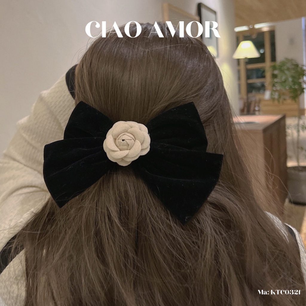 Kẹp tóc nữ, Kẹp tóc nơ to bản da lộn đính hoa CN hottrend sang trọng Phụ kiện tóc Trang sức Ciao Amor - KTC0321