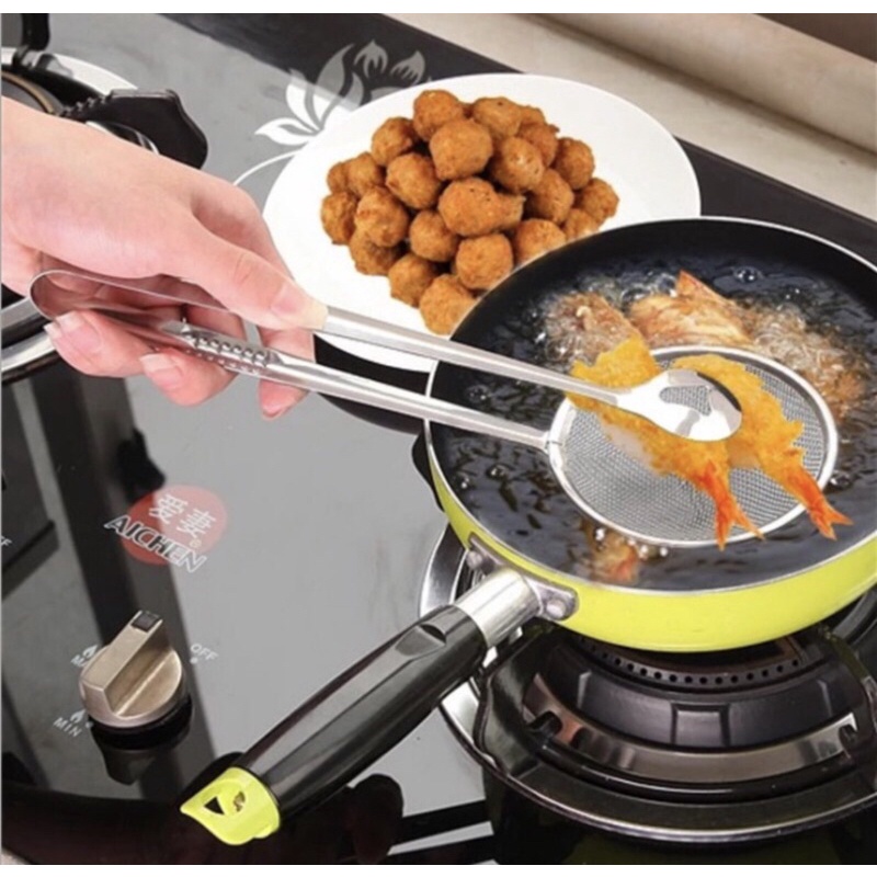 Kẹp gắp thức ăn inox có lưới lọc ráo dầu, vớt mảnh vụn của bột rơi trong chảo