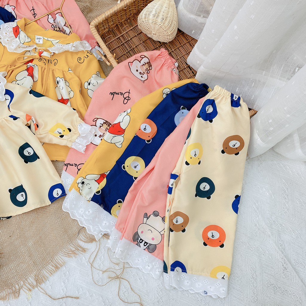 ĐỒ BỘ QUẦN ÁO CHO BÉ GÁI SET PIJAMA CHẤT LIỆU KATE THÔ MỀM MẠI PHỐI REN ĐIỆU ĐÀ SIZE 10-22KG