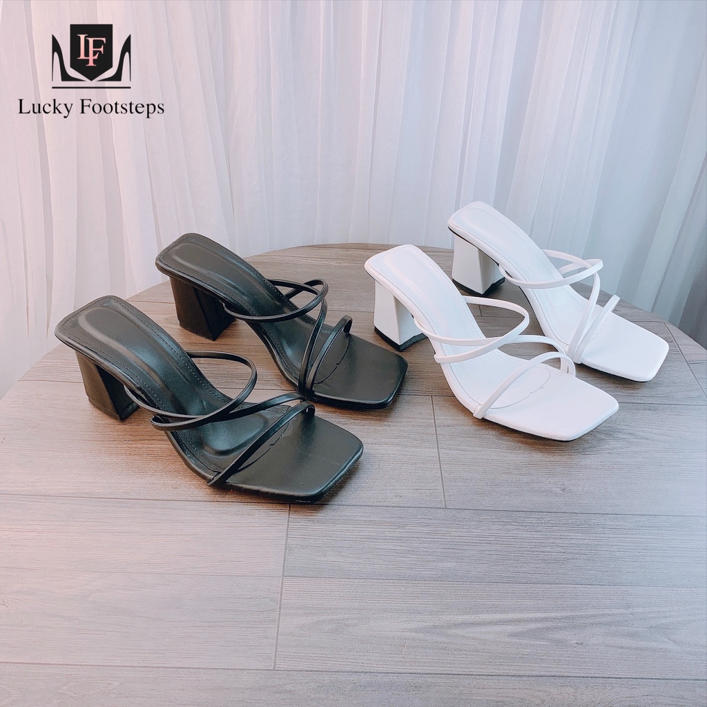 Sandal guốc cao gót Lucky quai phối dây chéo gót vuông 7p - v87