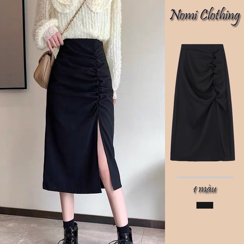 Chân váy công sở dáng dài nhúm sườn cách điệu