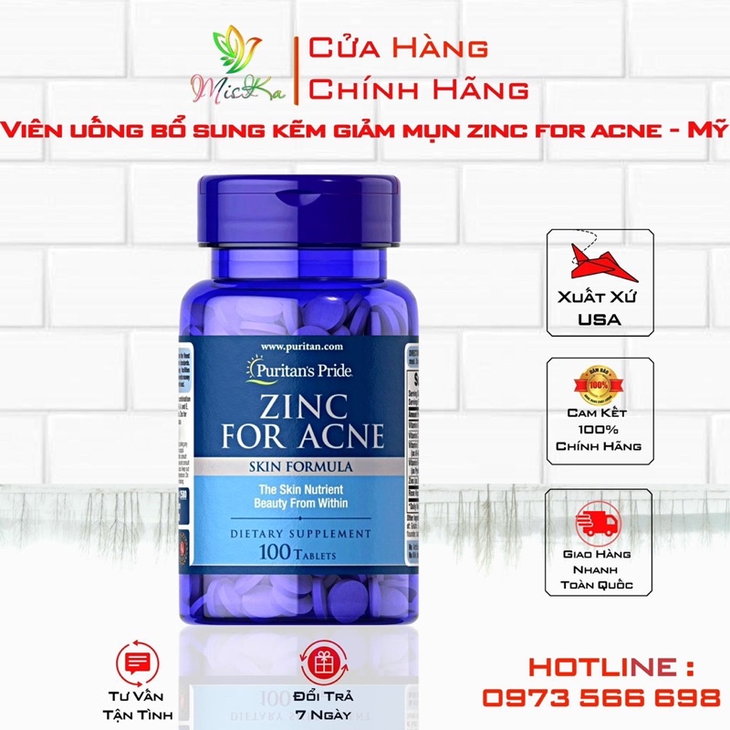 ✅ Viên Uống Bổ Sung Kẽm Giảm Mụn Zinc For Acne Puritan's Pride 100 viên - Mỹ