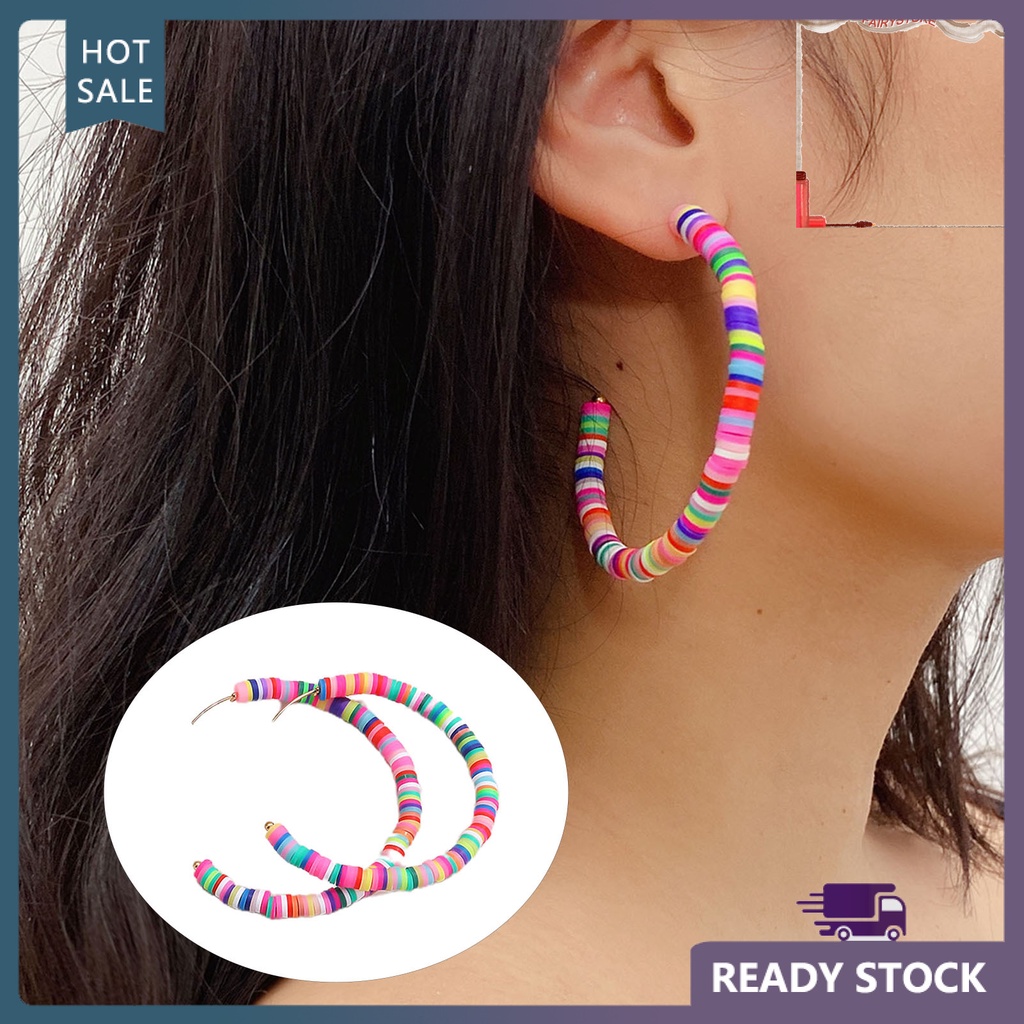 1 Cặp Bông Tai Tròn Bằng Đất Sét Polymer Màu Sắc Cầu Vồng Phong Cách Bohemian Dành Cho Nữ
