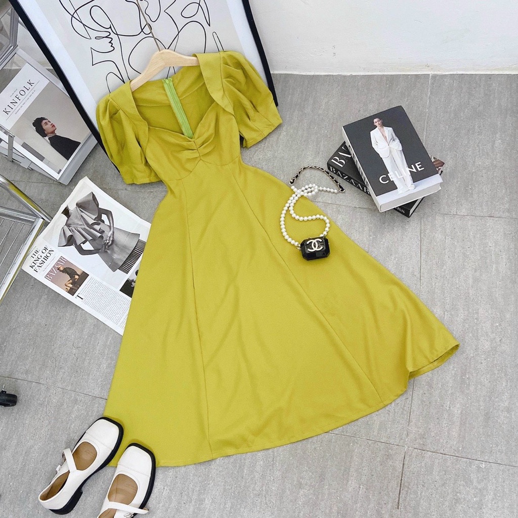 Đầm midi nhíu ngực tay phồng nhẹ nhàng,nữ tính
