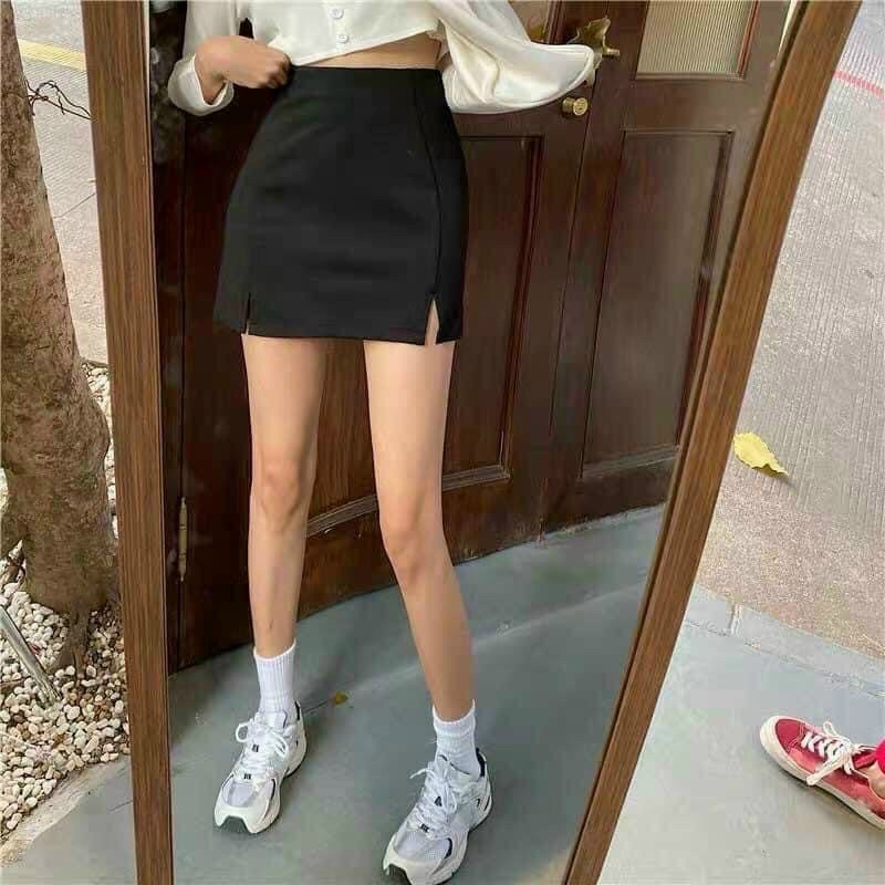 Quần giả váy xẻ tà cạp cao, Chân váy chữ a xẻ tà chất tuyết mưa SUNA FASHION