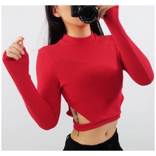 Áo Crop Top cổ tròn tay dài Cut out - Khoét eo đai rời