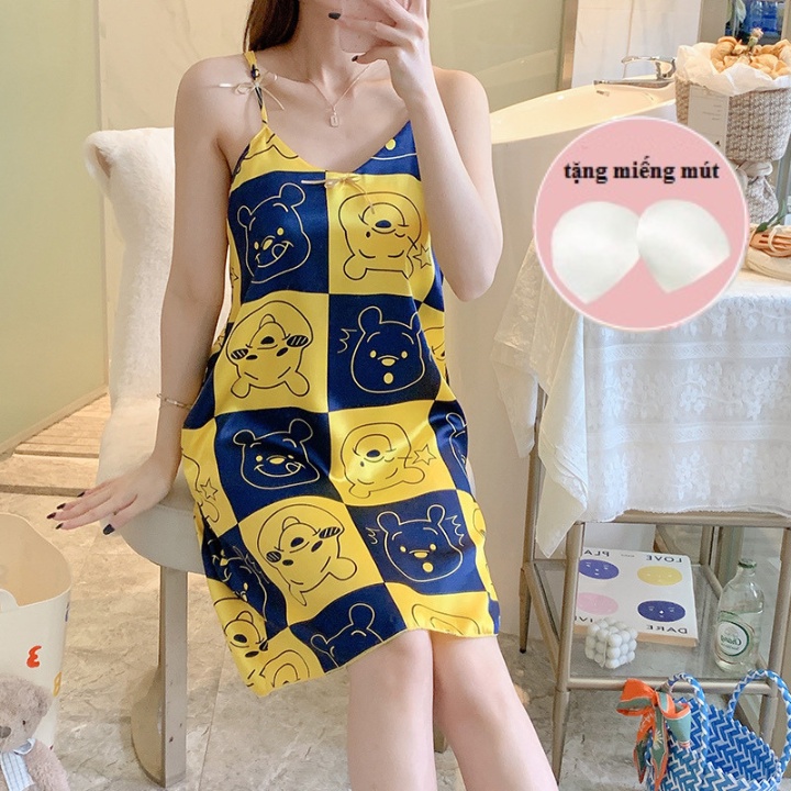 Váy ngủ 2 dây đầm ngủ hai dây lụa bigsize có đệm ngực cute mềm mát mặc nhà mùa hè dễ thương giá rẻ TOZZO V2D02