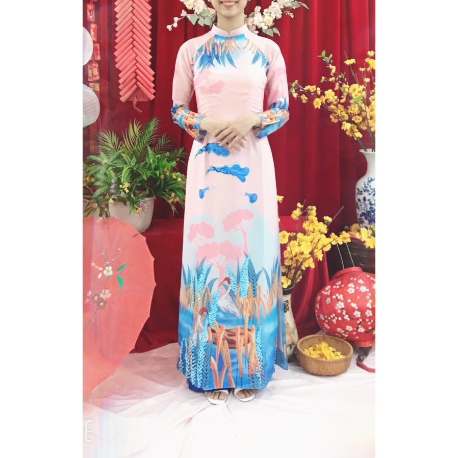 ÁO DÀI TRUYỀN THỐNG ĐÍNH CƯỜM MÀU HỒNG NUDE HẠC 4 TÀ CAO CẤP CHẤT TƠ Ý | BigBuy360 - bigbuy360.vn