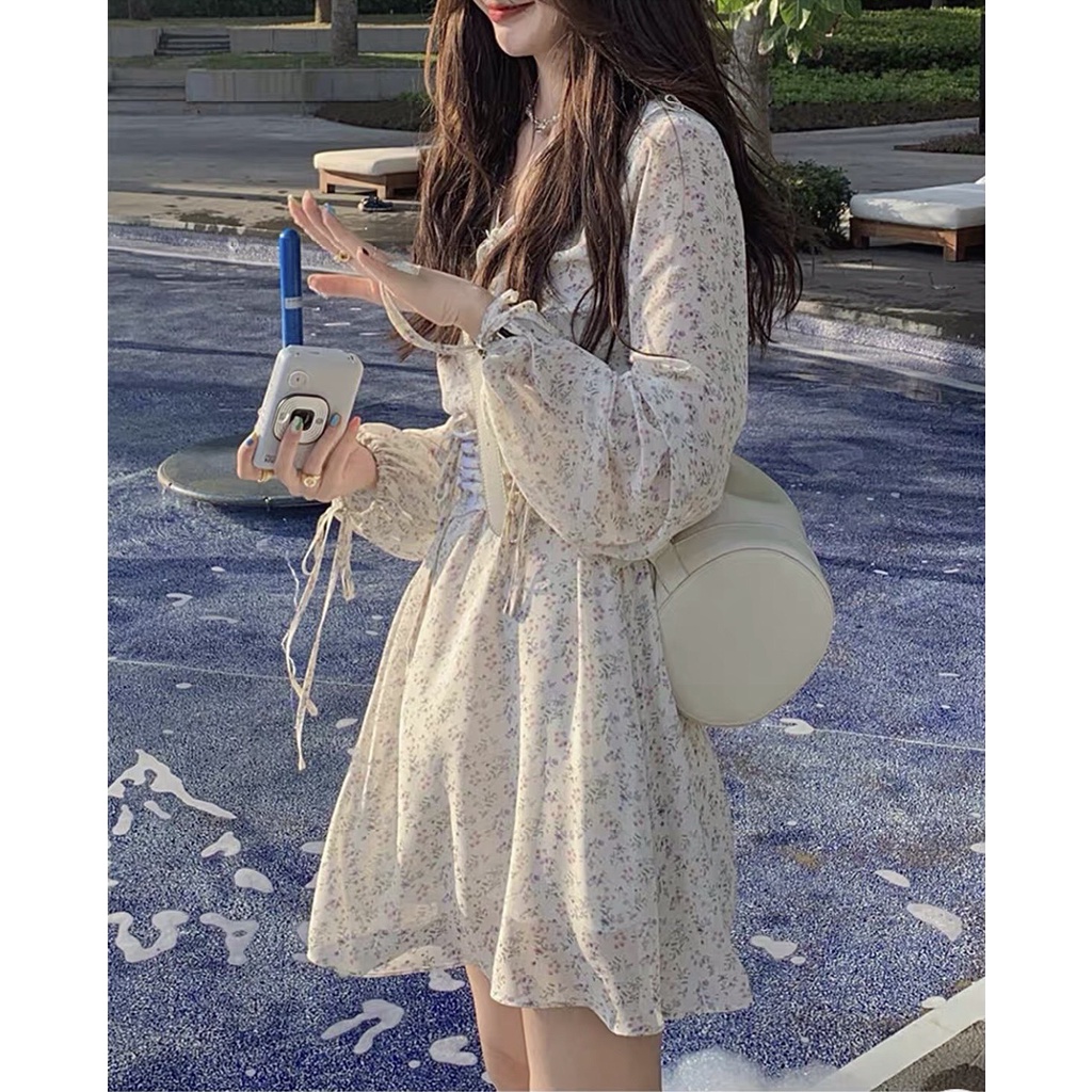 [Ảnh thật/Video] Váy hoa nhí cổ bèo dáng xòe thắt nơ kèm corset ulzzang - Váy hoa nhí kèm đai | BigBuy360 - bigbuy360.vn