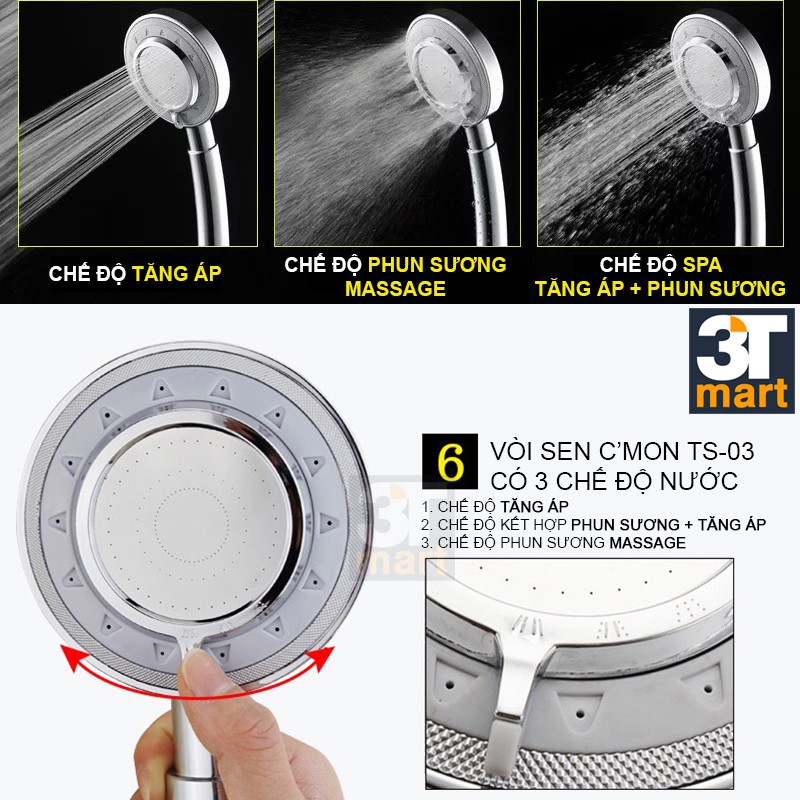 Bộ vòi sen tăng áp tắm nóng lạnh được, 3 chế độ nước C'MON TS-03 + dây sen + cài sen