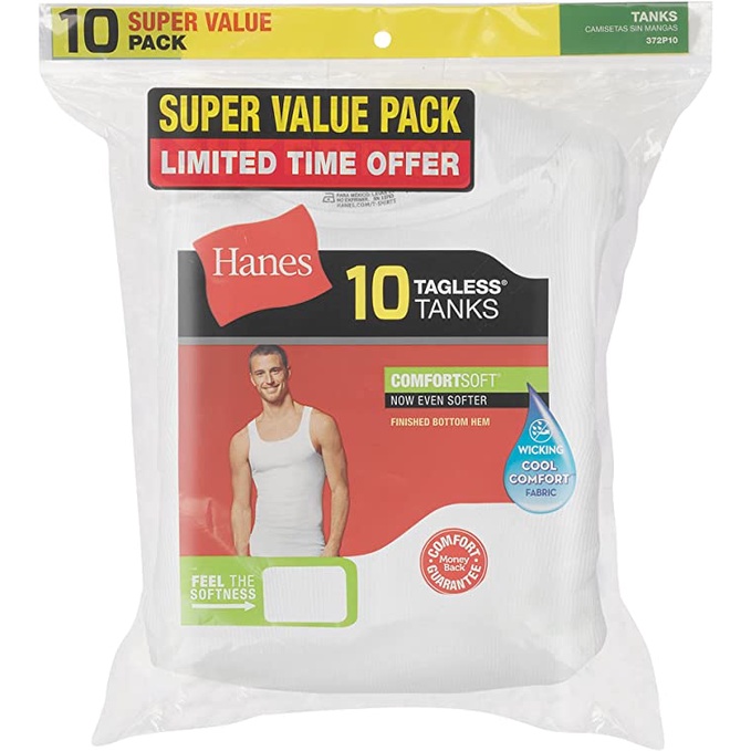Bộ 10 Áo Thun Trắng Sát Nách Nam Hanes Men Cool ComfortSoft Tagless Tanks Soft & Breathable (Mỹ)