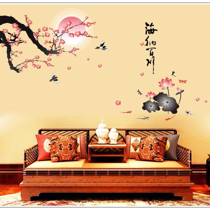 Decal dán tường phòng khách Cành đào thư pháp- DH062