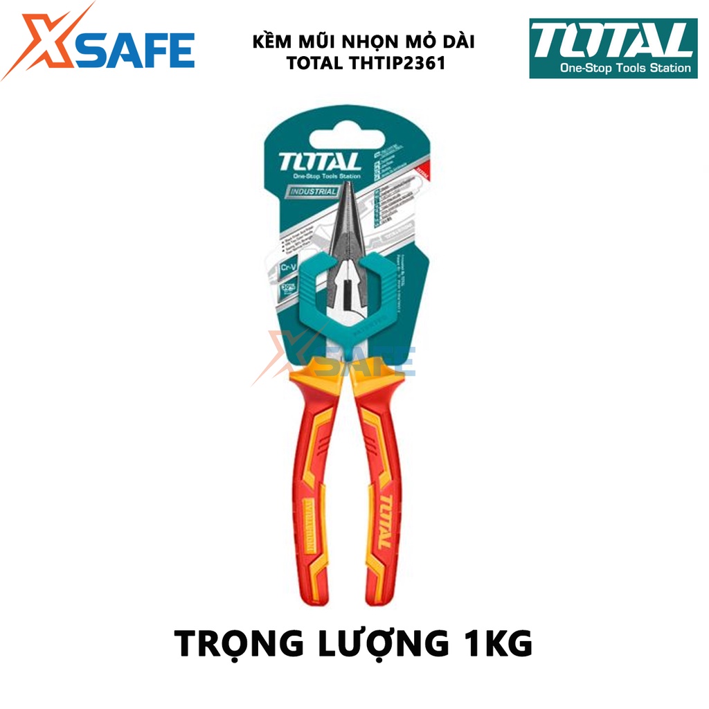 Kìm mũi nhọn mỏ dài cách điện TOTAL THTIP2361 Kềm cách điện 1000V kích thước 6&quot;(160mm), đầu kềm mạ đen đánh bóng - XSAFE