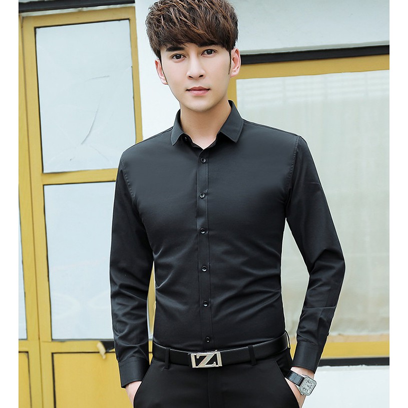 Áo sơ mi Nam dài tay cổ trơn màu đen | BigBuy360 - bigbuy360.vn