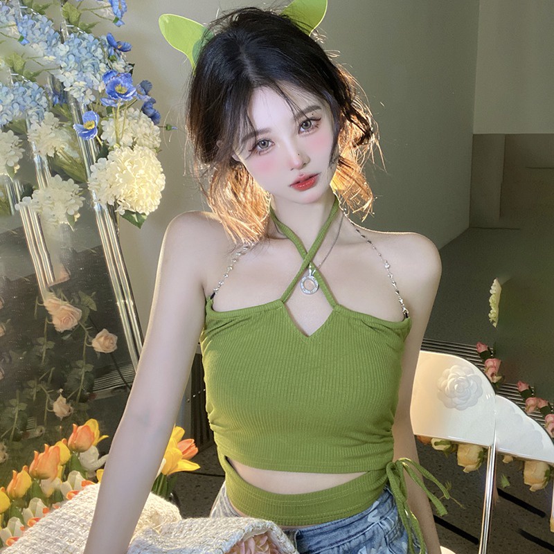 Áo Crop Top Cổ Yếm Phong Cách Hàn Quốc Thời Trang Mùa Hè Quyến Rũ Cho Nữ