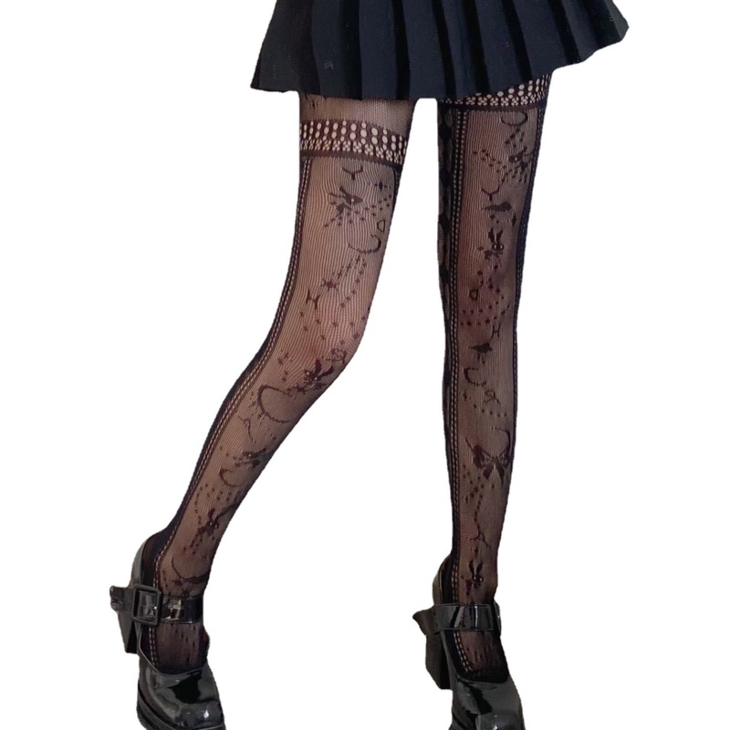 Youyo Quần Tất Lưới Phối Dây Xích Đính Nơ Họa Tiết Thỏ Nhỏ Phong Cách Gothic Punk Cho Nữ