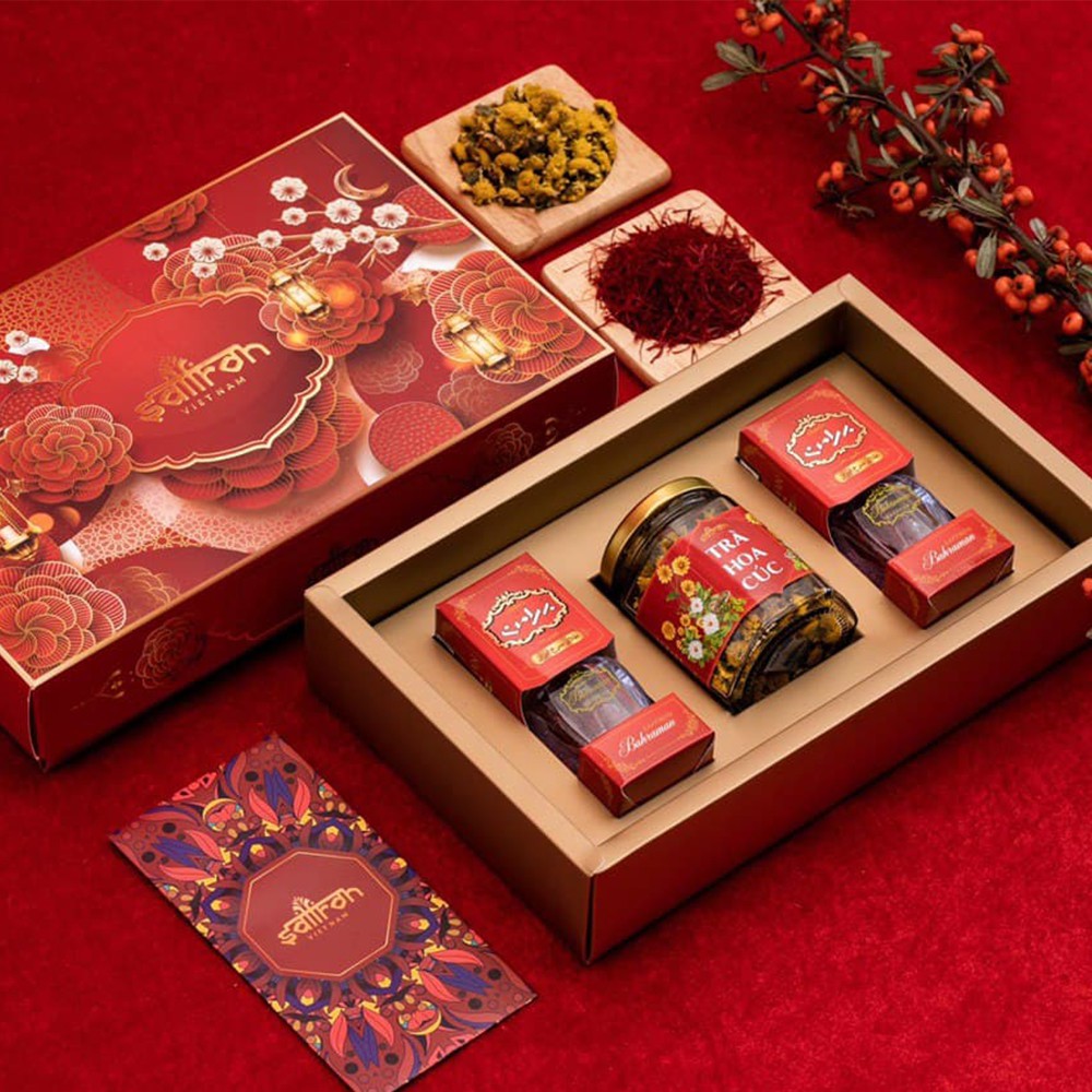 [Set quà Tết] Nhụy Hoa Nghệ Tây Saffron Bahraman 1Gr x2 hộp kèm quà tặng trà hoa cúc mật