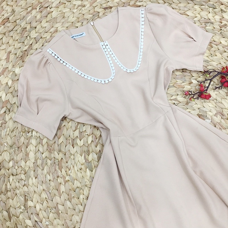 Đầm váy midi cổ bèo viền ren 2 màu