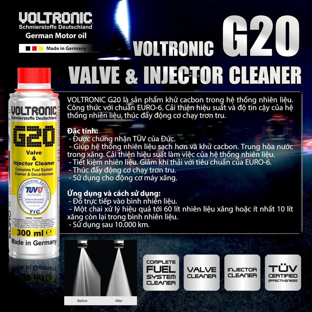 Phụ gia pha xắng, làm sạch động cơ xăng Voltronic G20 Valve and Injector Cleaner 300ml