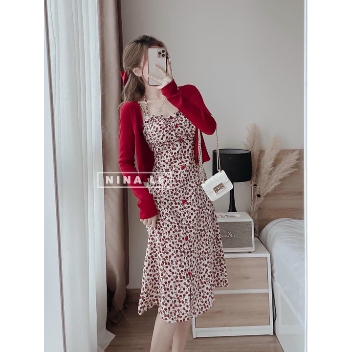 Đầm váy nữ 2 dây phối nút chất voan hoa kiểu tiểu thư kèm áo khoác ngoài tay dài xịn xò, sang chảnh cho nàng đi chơi