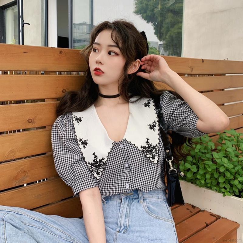 Lapel floral bubble sleeve design niche embroidered shirt red | BigBuy360 - bigbuy360.vn