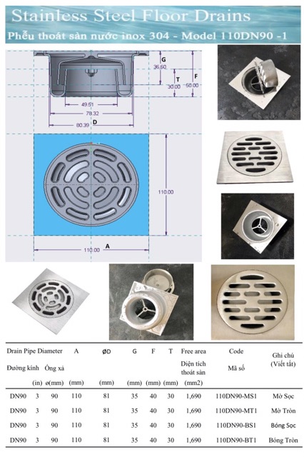 phễu thoát sàn chống hôi inox304 mờ, phễu thoát nước, phễu thu sàn_ hàng đúc