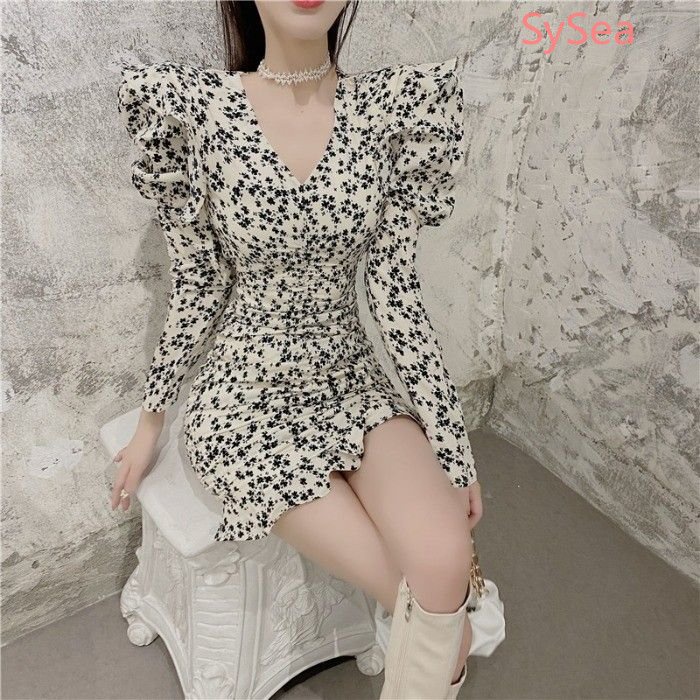 Đầm Hoa Cổ Chữ V Ôm Dáng Thời Trang Mùa Thu Dành Cho Nữ