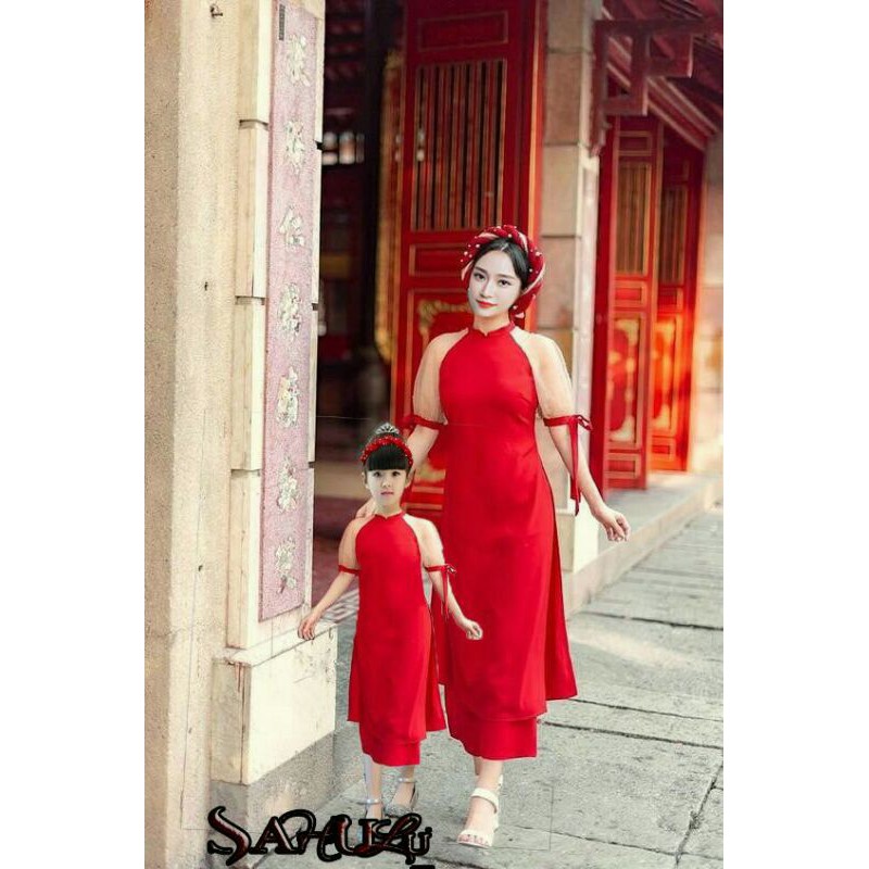 (Tết 2021) Set áo dài mẹ và bé đỏ kèm nấm