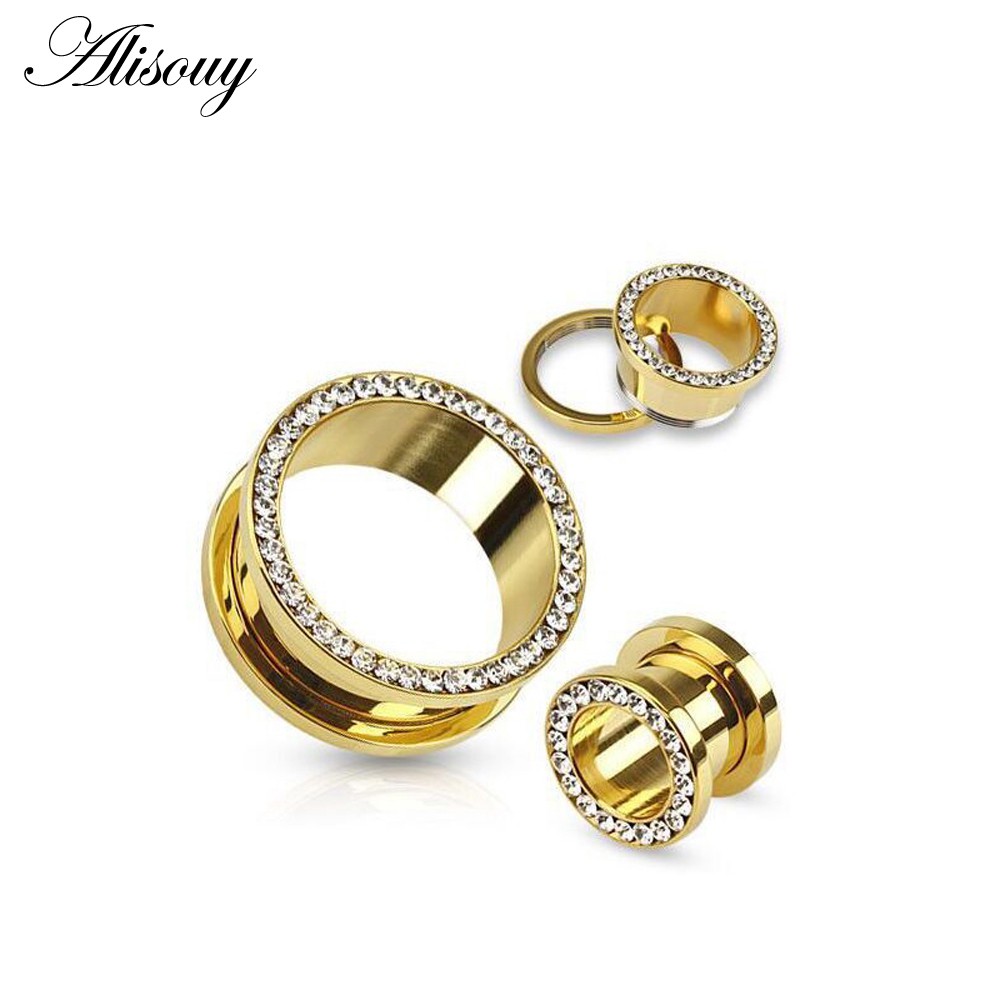Alisouy 1 Cặp Nút Bịt Lỗ Tai 3~20mm Màu Vàng Pha Lê