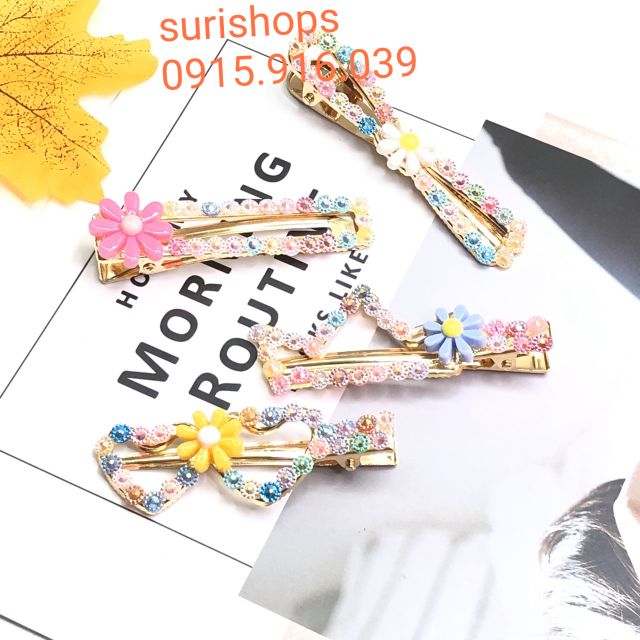 Kẹp tóc hoa cườm màu sắc, Cặp Tóc Đính Đá Màu Nhân Tạo