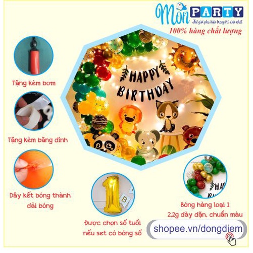 Set bóng trang trí sinh nhật Mon Party có nhiều mẫu, nhiều tone màu, bóng sinh nhật giá rẻ tặng kèm bơm tay và băng dính