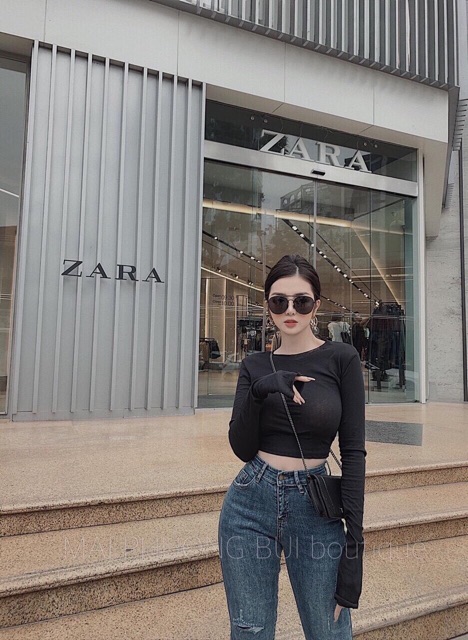 Áo thun xin xin dài tay, Áo crop trơn dài tay chất bo zip dãn mạnh XX806 - NhiNhi Shop