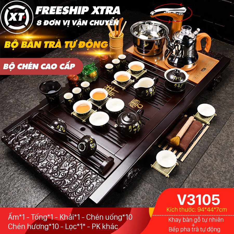 Bàn trà điện thông minh gỗ tự nhiên - Bộ bàn trà điện tử giá rẻ trạm hoa màu cánh gián ấm chén gốm sứ chữ thư pháp