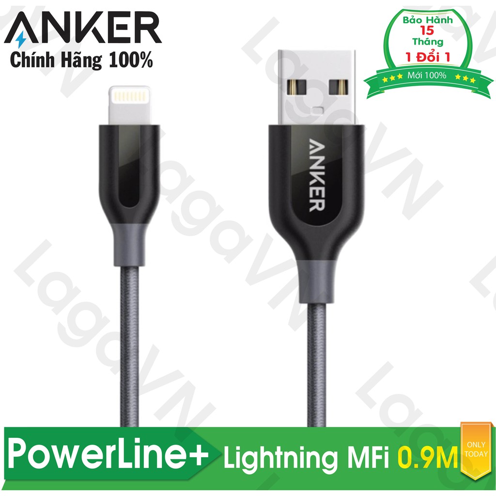 Cáp sạc nylon ANKER PowerLine+ Lightning MFi 0.9m [không túi da] cho iPhone iPad iPod - A8121