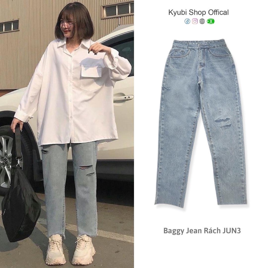 Quần jean baggy nữ ulzzang Kyubi lưng cao cắt lai tua rách cá tính [Có Bigsize]- Baggy jean Kyubi JUN3 | WebRaoVat - webraovat.net.vn