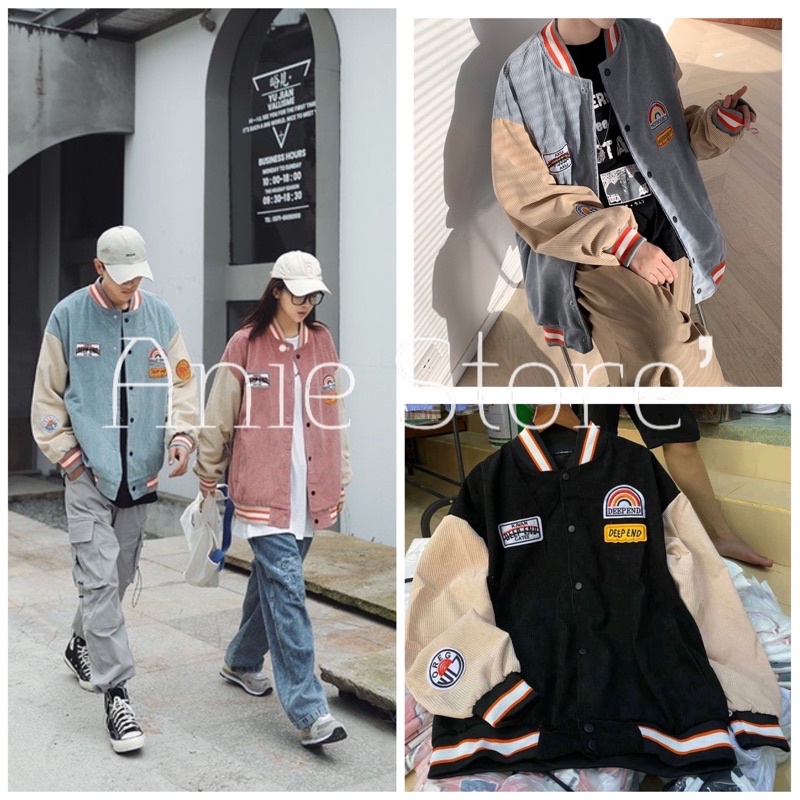 Áo Khoác Bomber Nhung Logo Cầu Vồng 🦋Áo Jacket Khuy Bấm Tay Bo Phối Màu Form Rộng 2 Màu 🦋