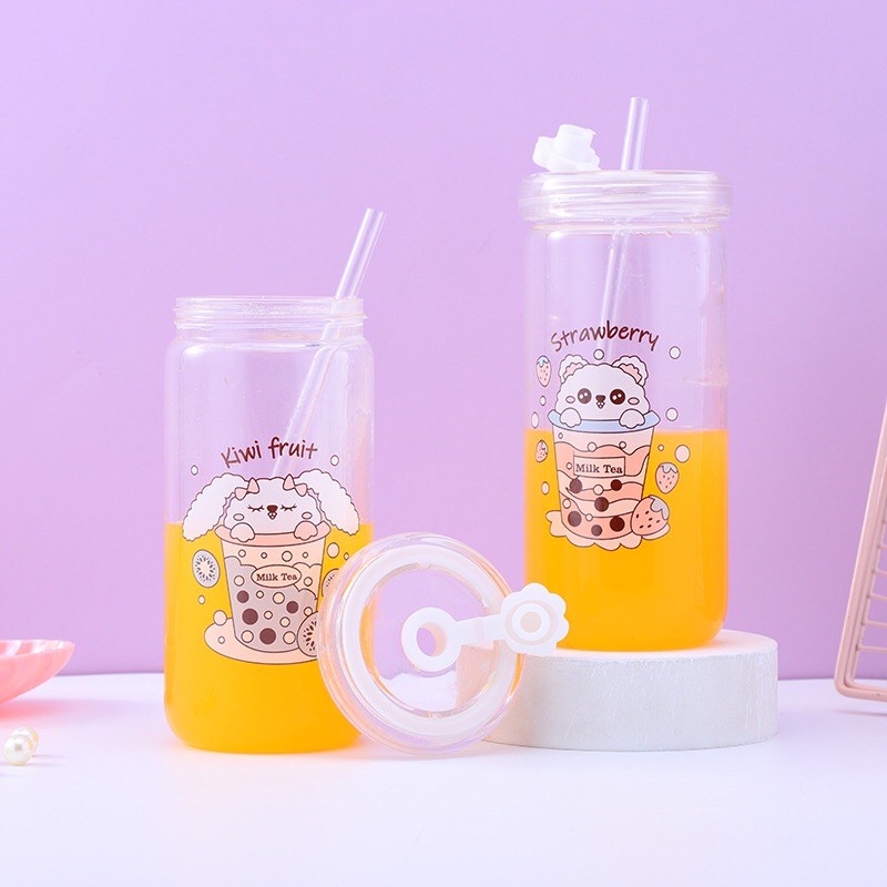 Bình Nước Thuỷ Tinh MILK TEA Hot Trend Tặng Kèm Ống Hút