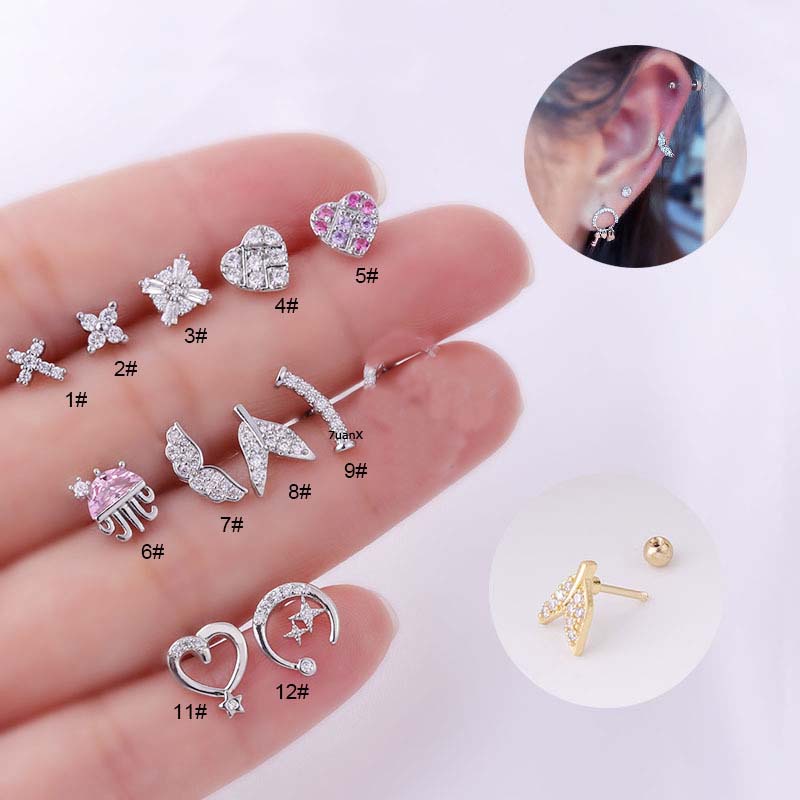 1 Khuyên tai hình trái tim / đuôi cá / chữ thập bằng thép không gỉ đính đá xinh xắn