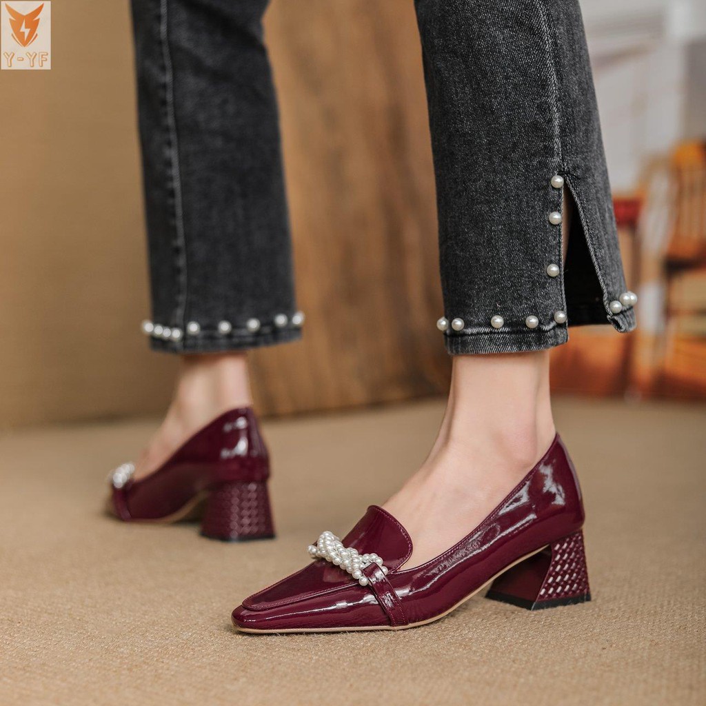 [High quality]French high heels women's thick heel spring 2021 new pearl shallow mouth Mary Jane wild temperament square toe shoes