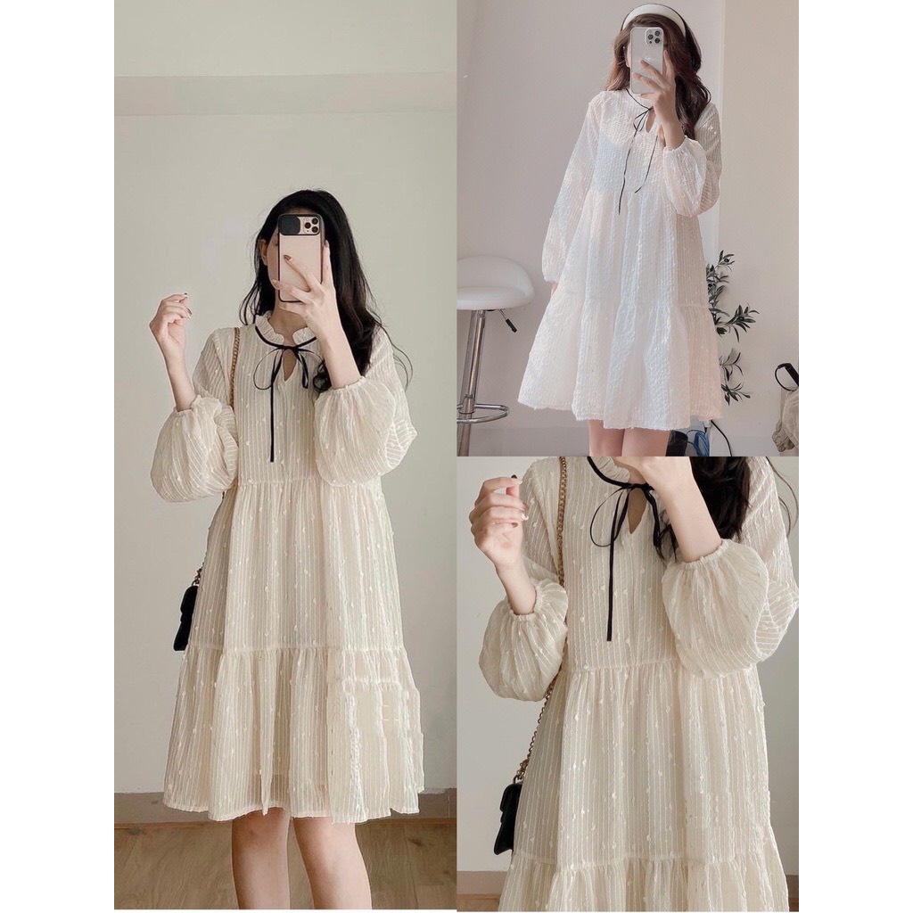 Váy babydoll voan hạt bông nơ cổ Junnie Closet Đầm xòe tay bồng đính hạt 2 màu be trắng | BigBuy360 - bigbuy360.vn