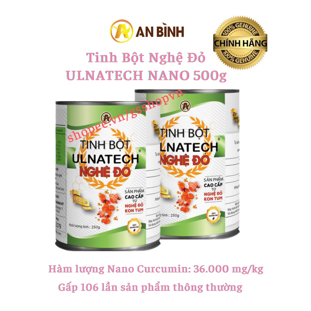 Combo 2 Hộp Tinh Bột Nghệ Đỏ ULNATECH NANO 500g An Bình, Curcumin Siêu Cao, Tặng 2 Chai Mật Ong, Tặng 2 Muỗng