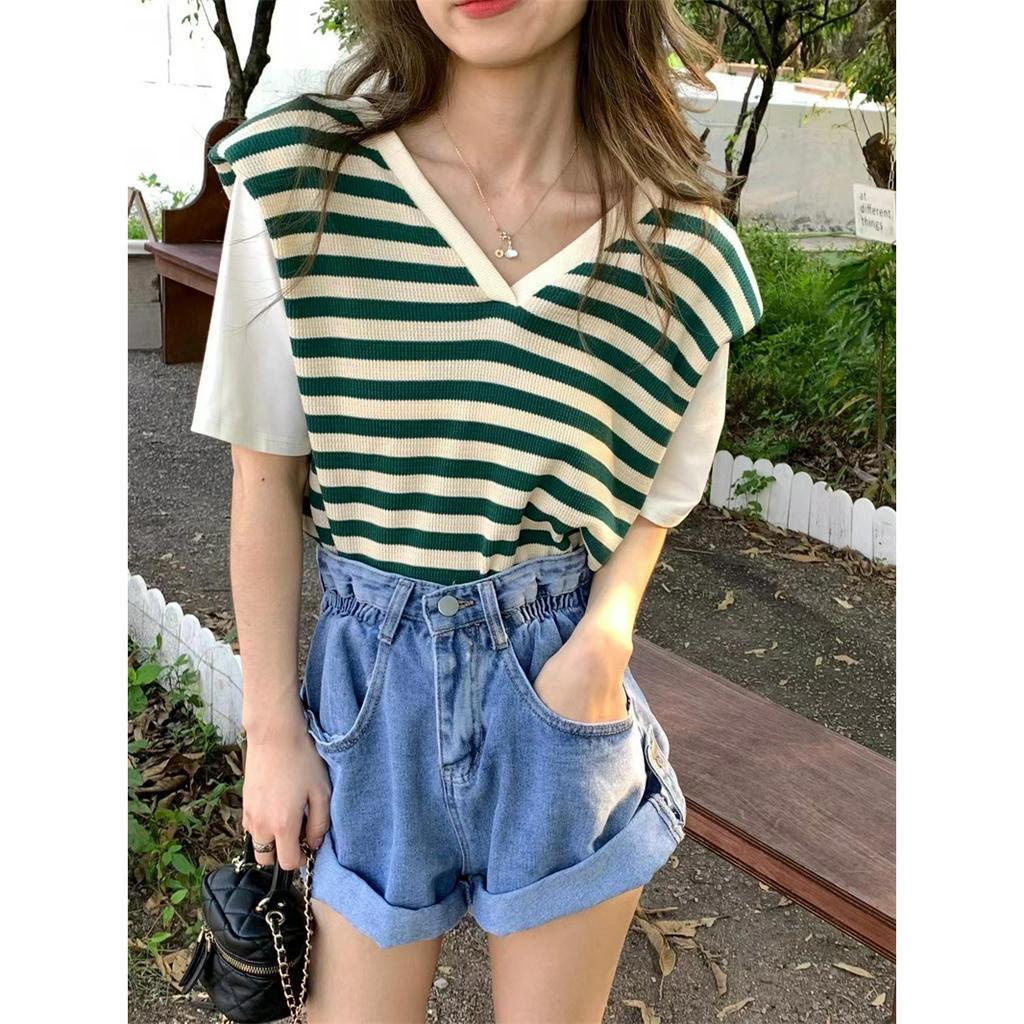 Áo Thun Nữ Ngắn Tay Cổ Chữ V Lưng Trần Giả Hai Lớp Thời Trang Hàn