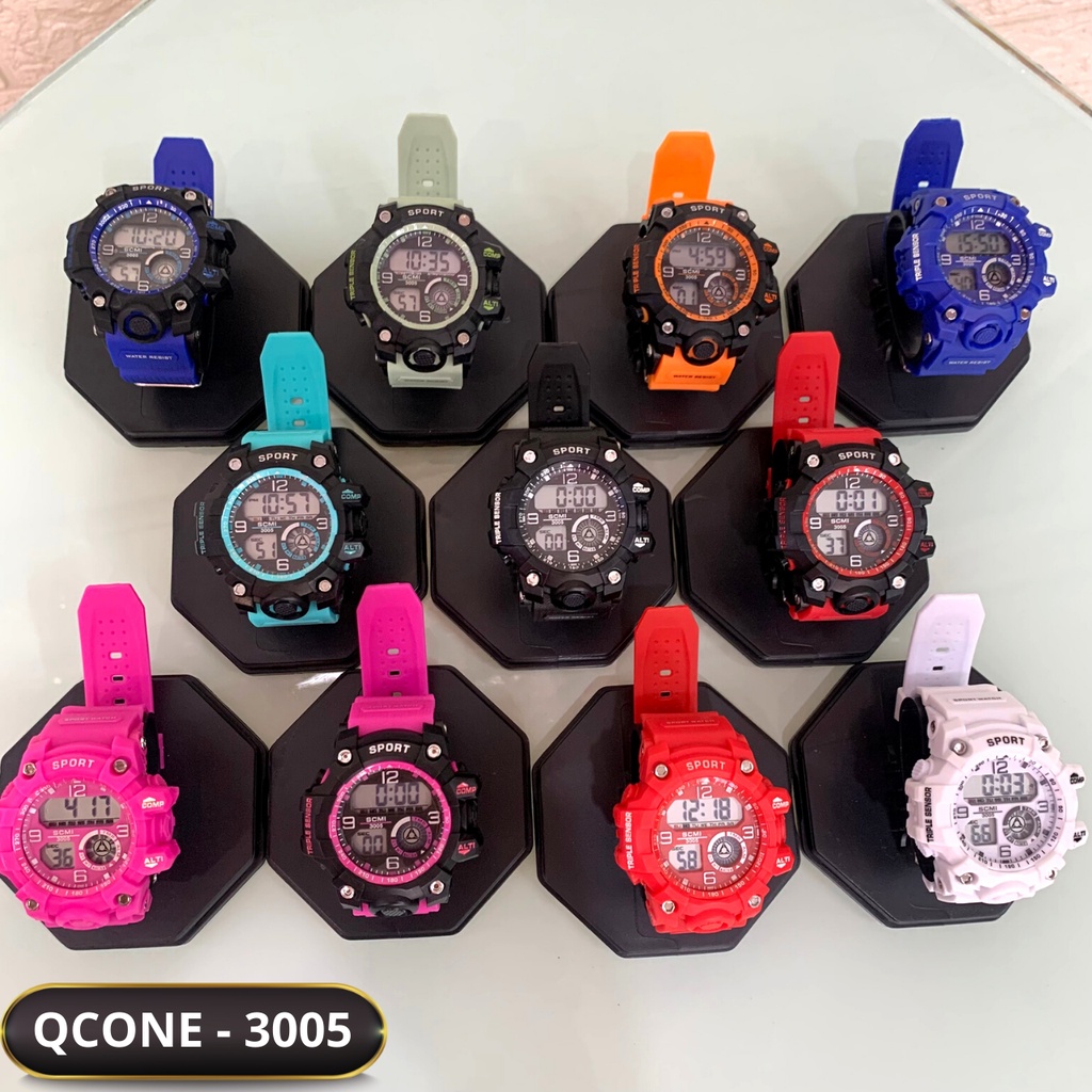 Đồng hồ điện tử trẻ em bé trai và bé gái chống nước Qcone 3005 chống nước 30m đa chức năng có đèn led 7 màu
