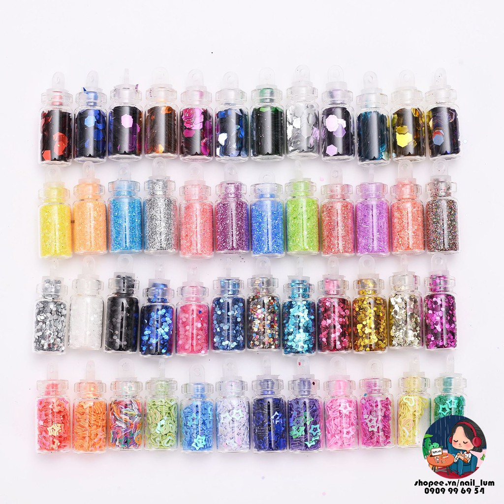 Set 48 Lọ Nhũ - Kim Tuyến - Hạt Trang Trí Móng Nail Đủ Màu