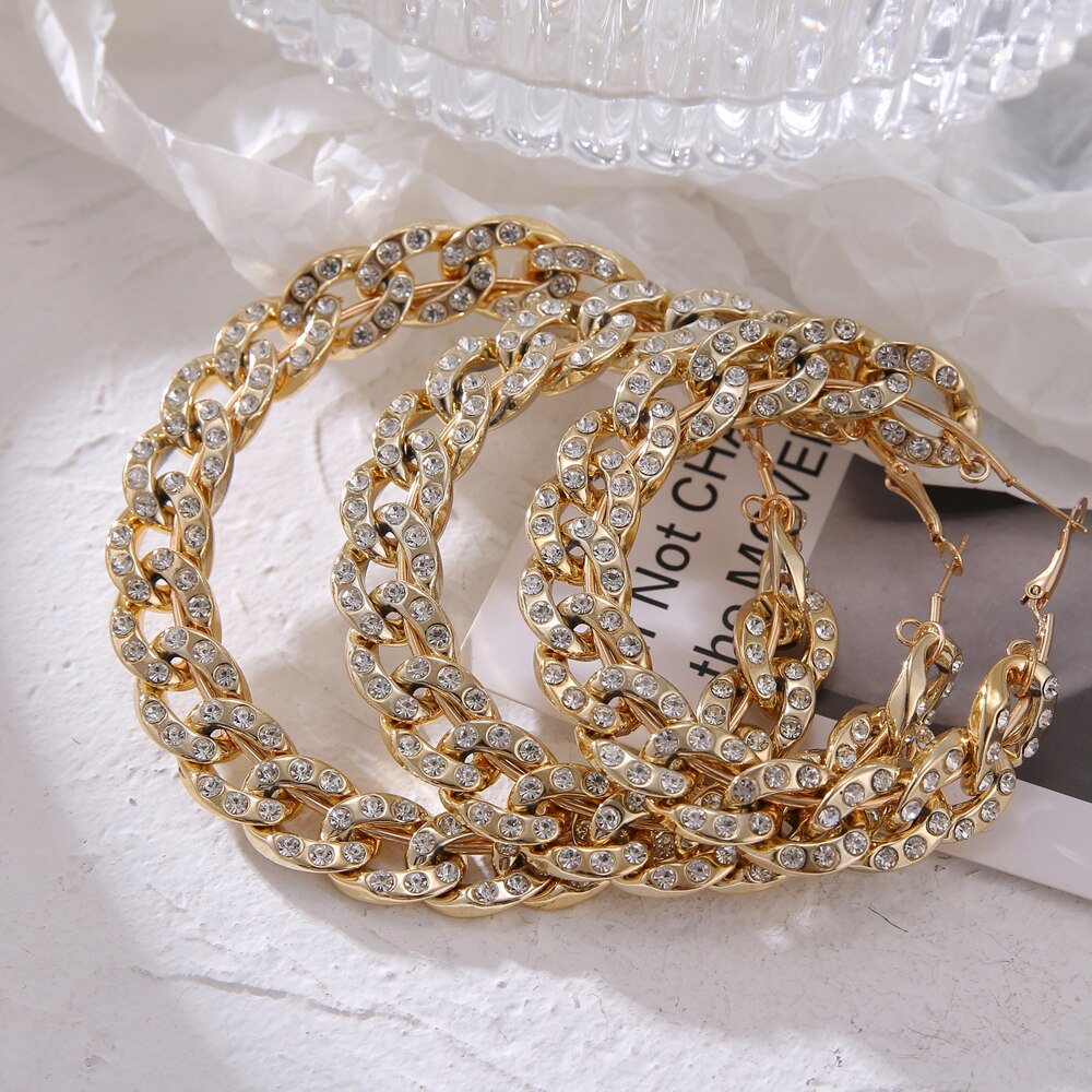 New Punk Crystal Oversize Big Chain Hoop Earrings For Women Exaggerated Geometric Circle Gold Silver Color Mixed Earring Jewelry