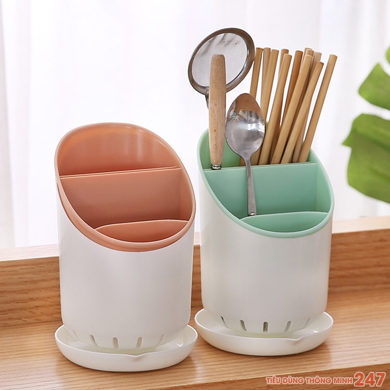 Ống đựng đũa muỗng nhựa PP có khay thoát nước  FREESHIP  4 màu sắc pastel ngọt ngào, dễ dang vệ sinh, chống ẩm mốc