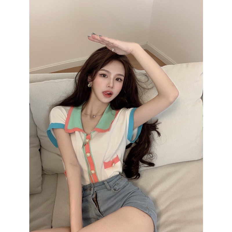 Áo Dệt Kim Ngắn Tay Phối Màu Tương Phản Đáng Yêu Cho Nữ